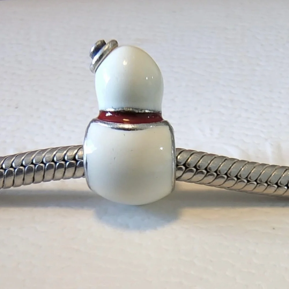 Pandora Retired Sterling Silver Happy Snowman Winter Bead White & Red Enamel - Picture 3 of 6